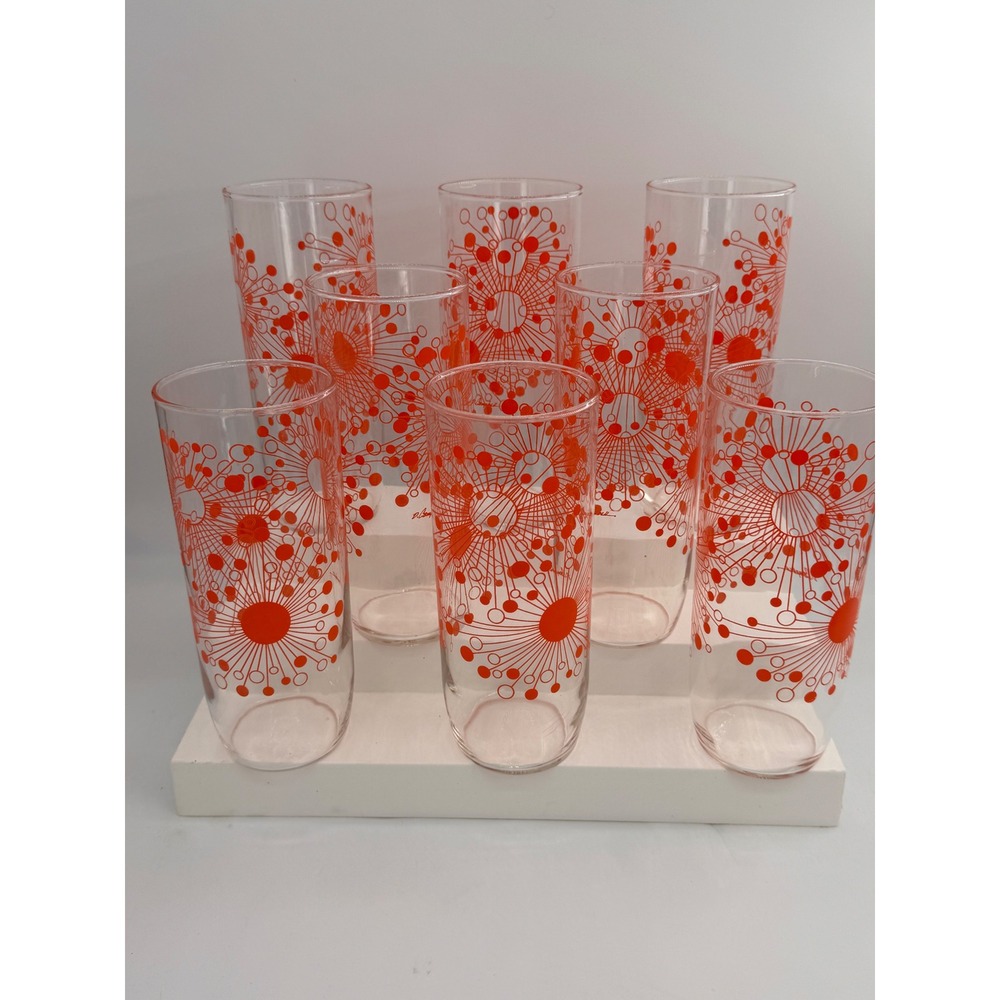8 Vintage D Campbell Atomic Starburst Orange Glass Tumblers MCM Highball Set - Picture 2 of 8